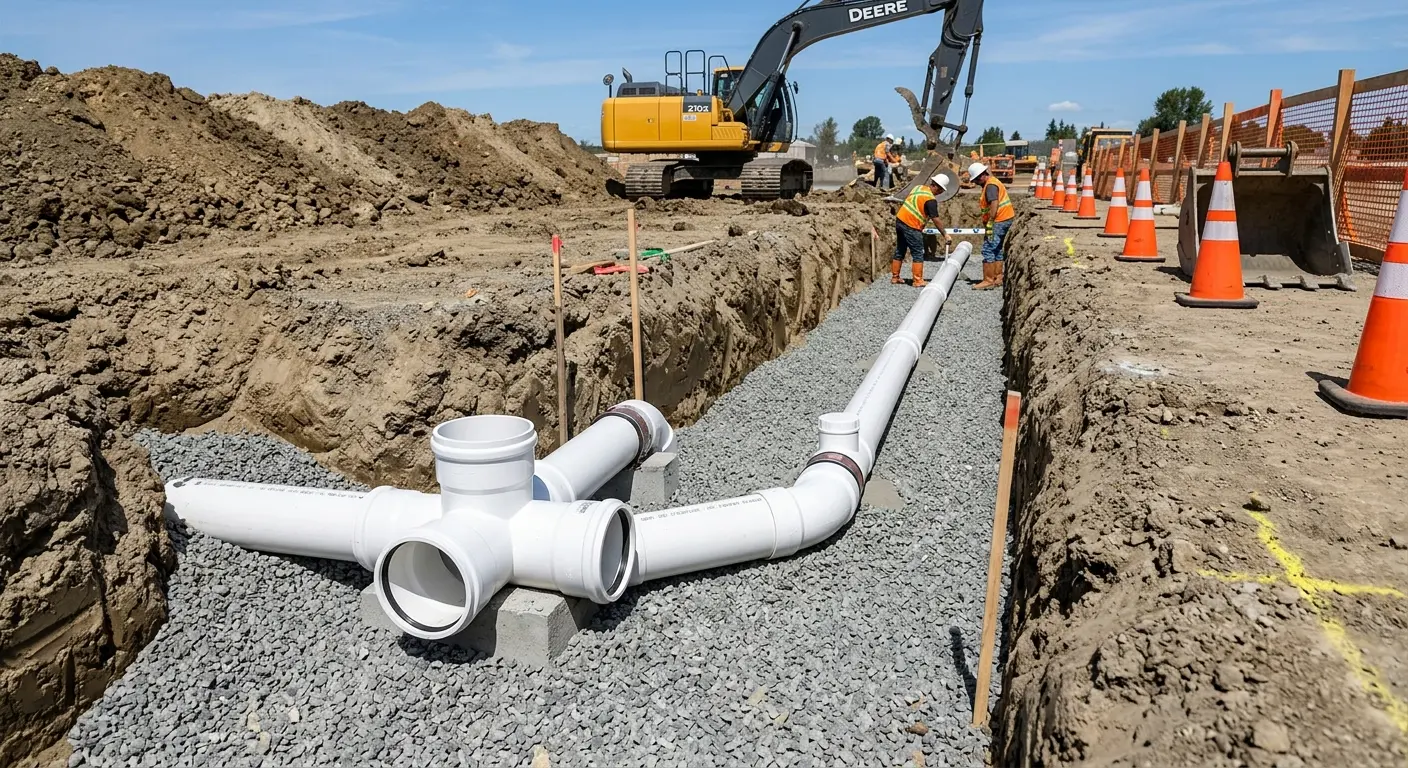 New PVC sewer pipe installation in open trench for Commercial Drain Cleaning in Streator