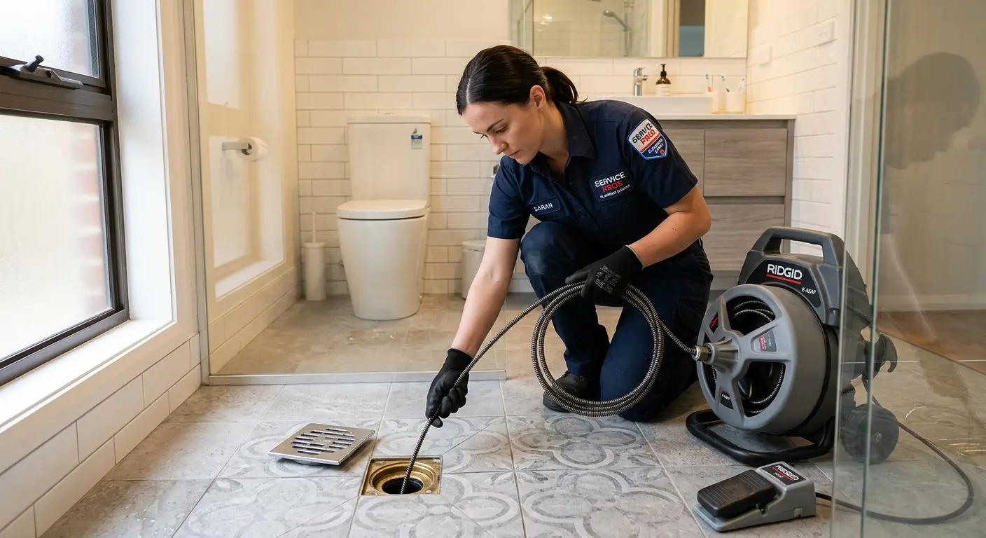 Technician clearing a bathroom floor drain for Drain Cleaning in Streator